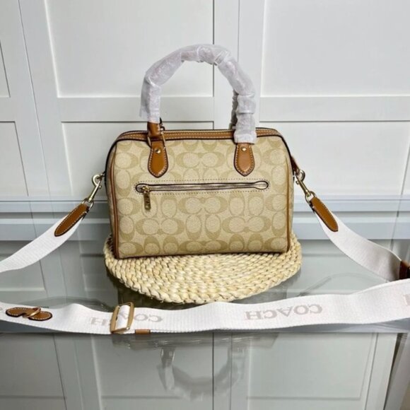 Coach Rowan Women Satchel In Signature Canvas With Stripe Light Khaki Color $495 - Picture 8 of 12